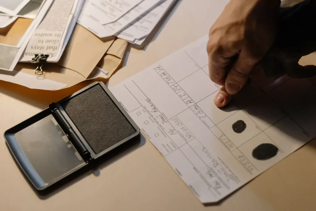 Technician rolling ink fingerprints onto a fingerprint card