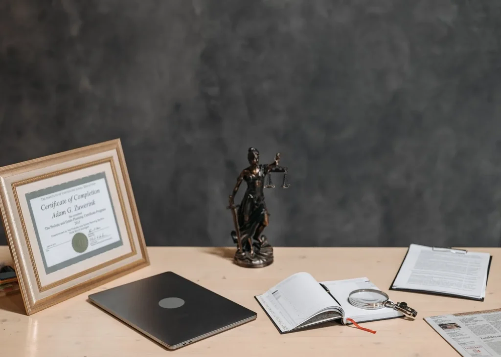 Legal compliance desk with statute references and case documents